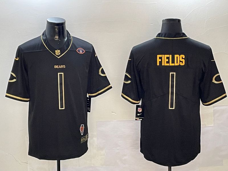 Men Chicago Bears #1 Fields Black Gold Throwback 2024 Nike Limited NFL Jersey style 4